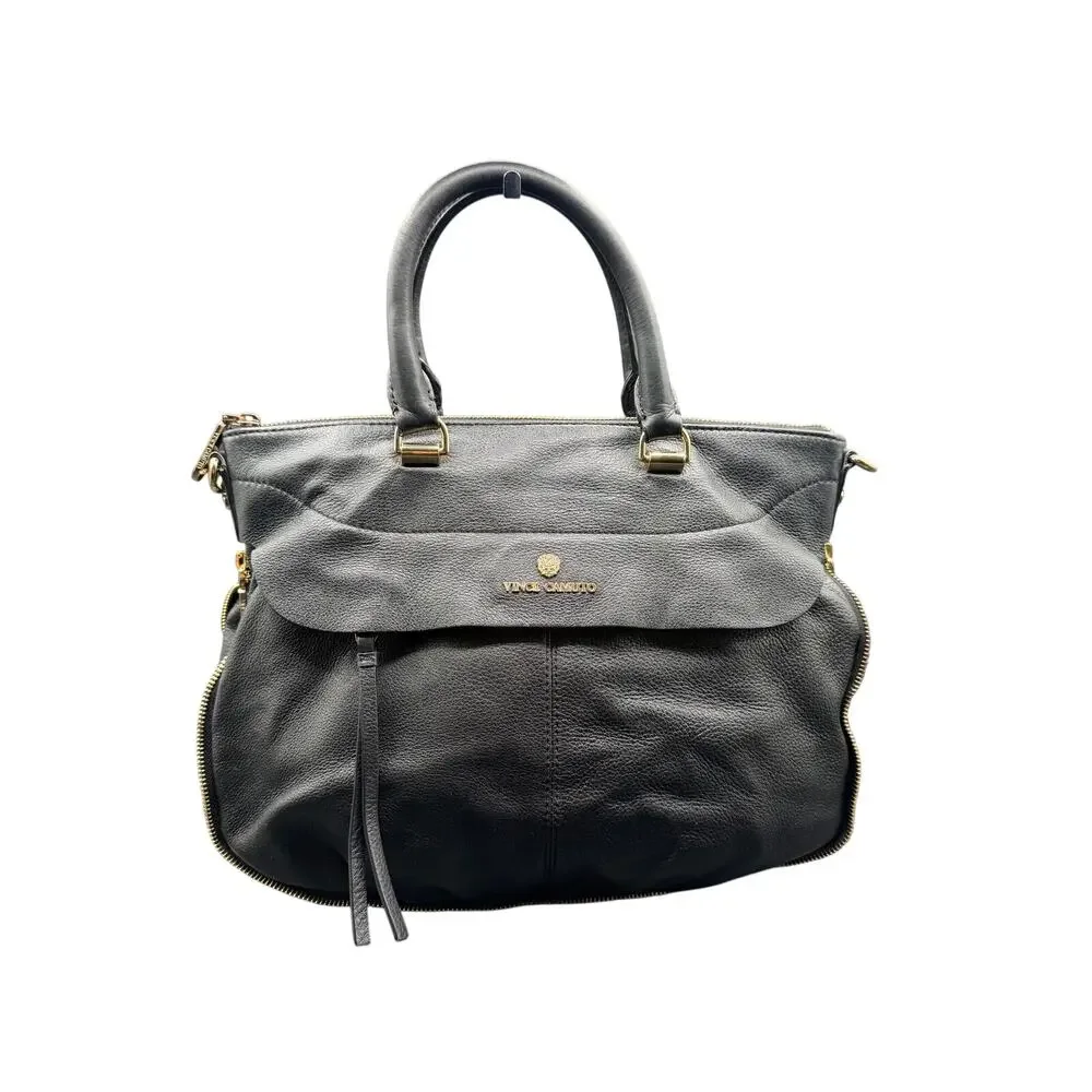 Vince Camuto Black Pebbled Leather Satchel Shoulder Bag Large